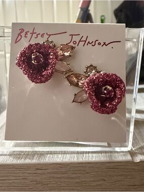 Betsey Johnson Fuchsia Glitter Flower Drop Earrings with Gold Accents